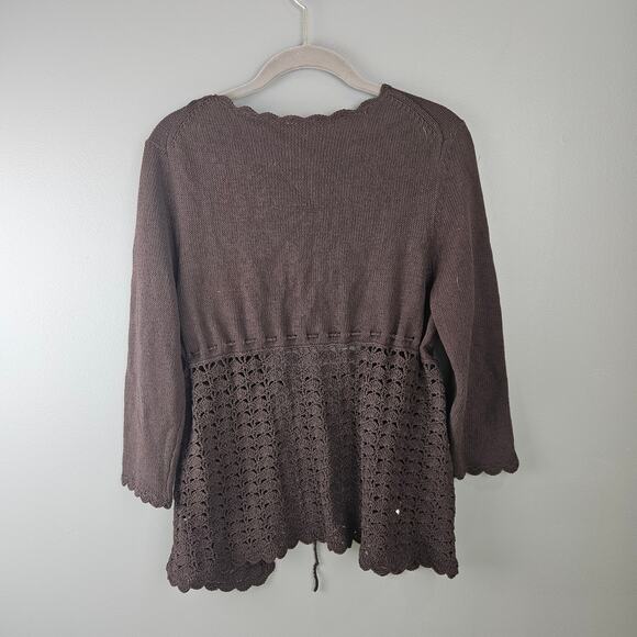Y2K Ann Taylor Loft Brown Crochet Knit Cardigan Sweater Boho Cottagecore M - Picture 2 of 7